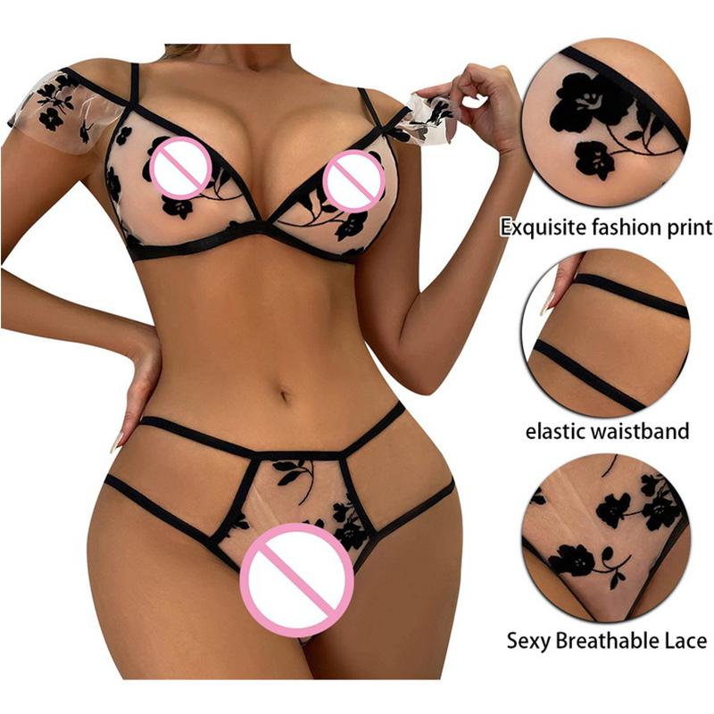 

Женская сексуальная сетка цветочная текстура перспектива нижнее белье трусы пижама бюстгальтер стринги нижнее белье ночная одежда флокирование комплект из двух частей