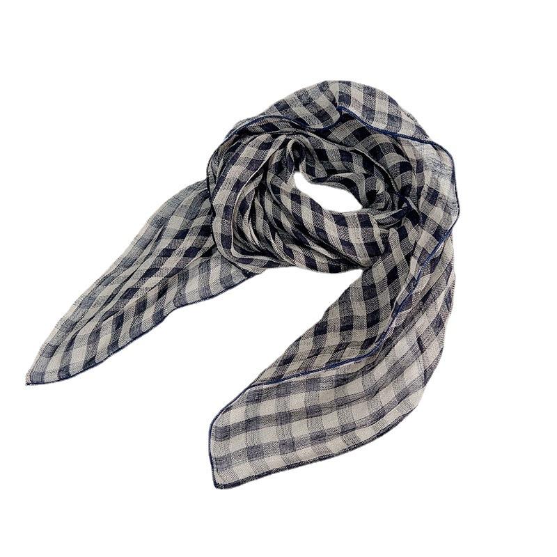 Retro Small Plaid Linen Square Scarf Literary And Versatile Women'S Summer Neck Protection Small Silk Scarf Scarf Accessories