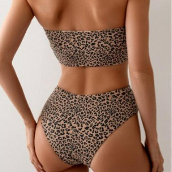2024 Summer Double-Sided Print Bandeau High Waist Backless Bikini Swimsuit