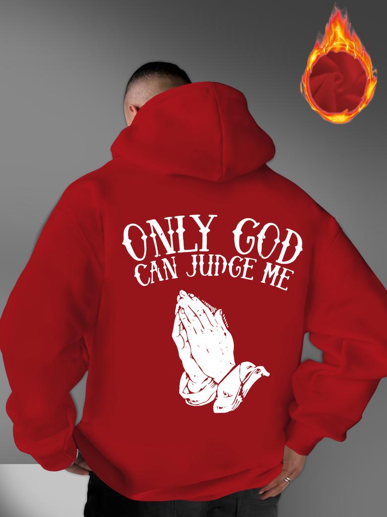 Retro Gothic Letter Praying Hands Back Print Men Hip Hop Sports Hoodie Vintage Street Loose Warm Fleece Pullover Sweatshirt