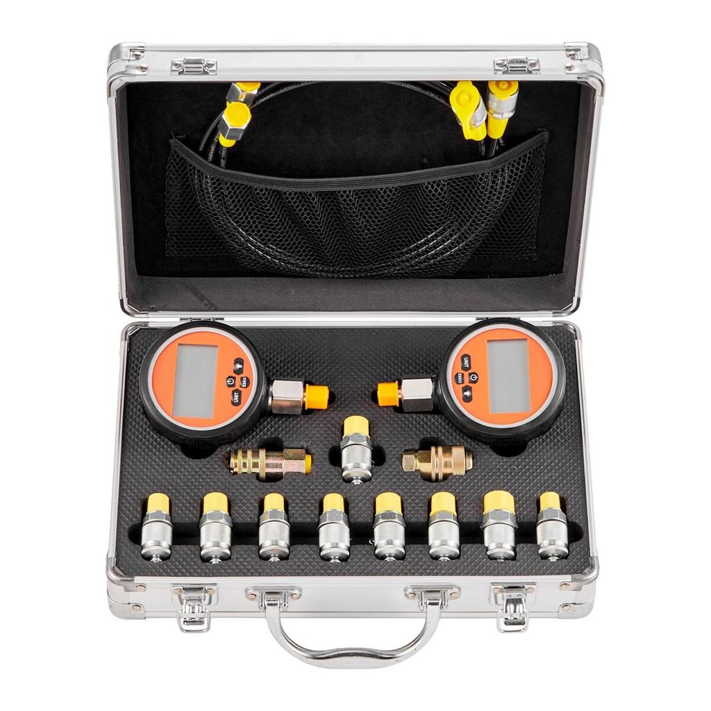 Digital Hydraulic Pressure Test Coupling Kit, 700 Bar Pressure Gauge Manometer Tester with 2 Gauges, 9 Test Couplings, 2 Quick-Release Couplers, 2
