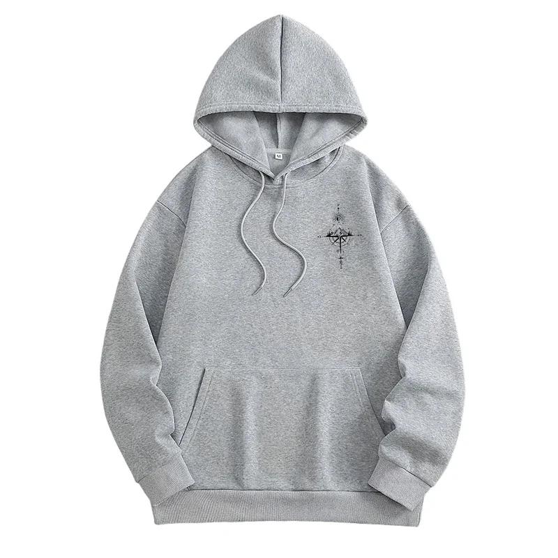 Retro compass print men's hoodie, high-quality long-sleeved pullover, autumn/winter casual sportswear top, men's clothing.