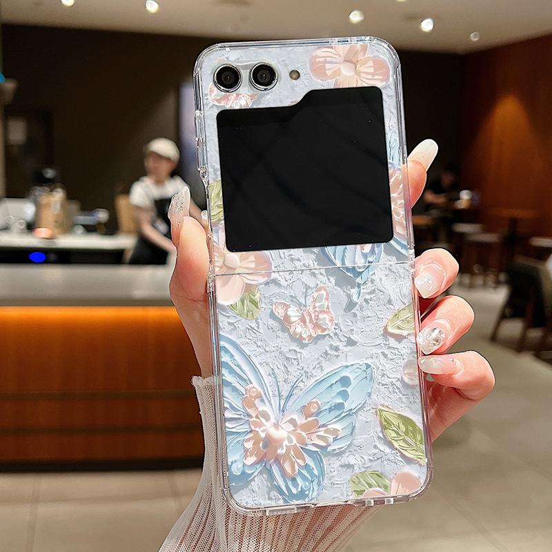 For Samsung Galaxy Z Flip 6 5 4 3 Case Luxury Oil Painting Flower Butterfly Hard Clear Folding Cover For Samsung Z Flip6 Flip5