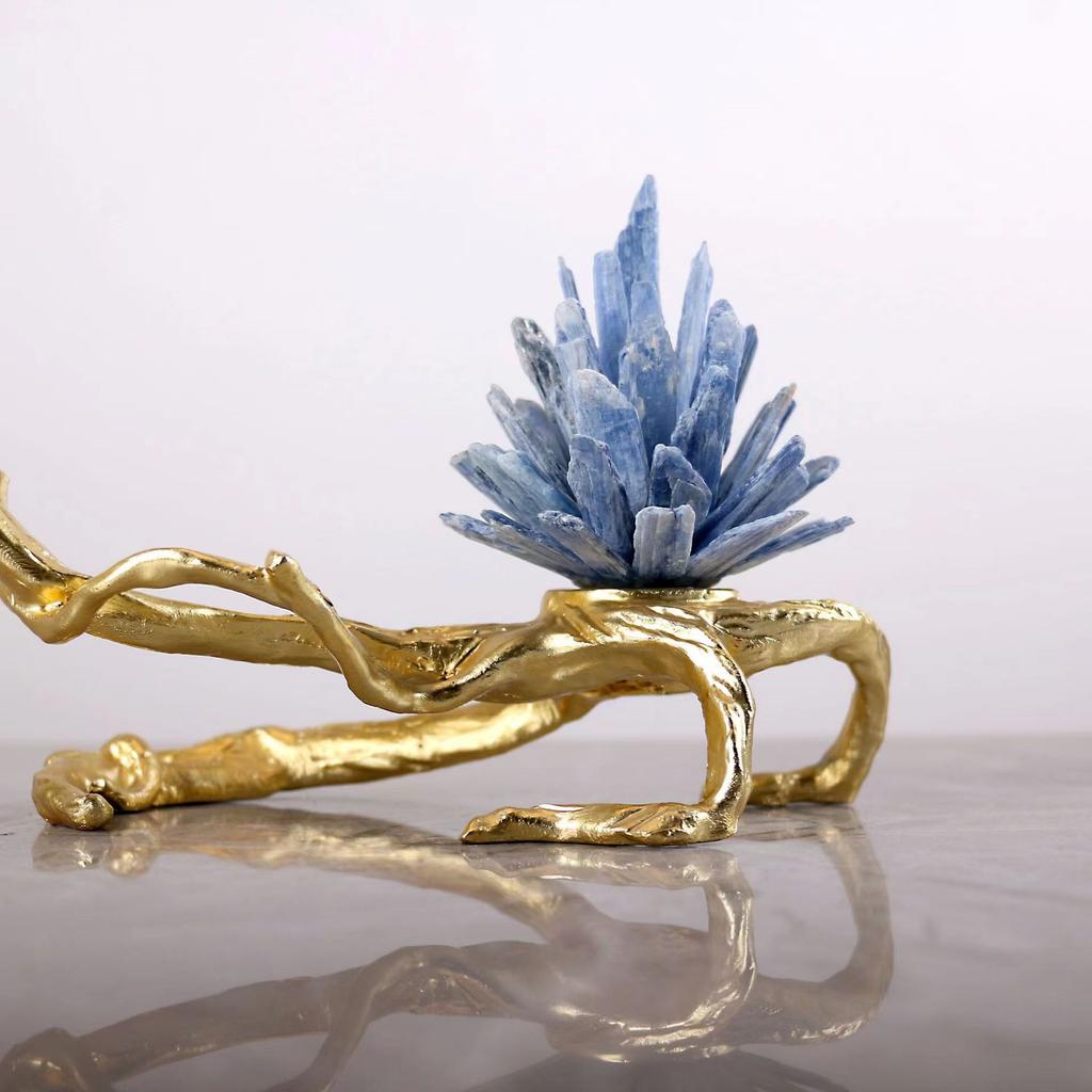 Natural Crystal Stone Branches Golden Bird Metal Branch Sculpture Golden Tree Metal Figurine Room Decoration Accessories