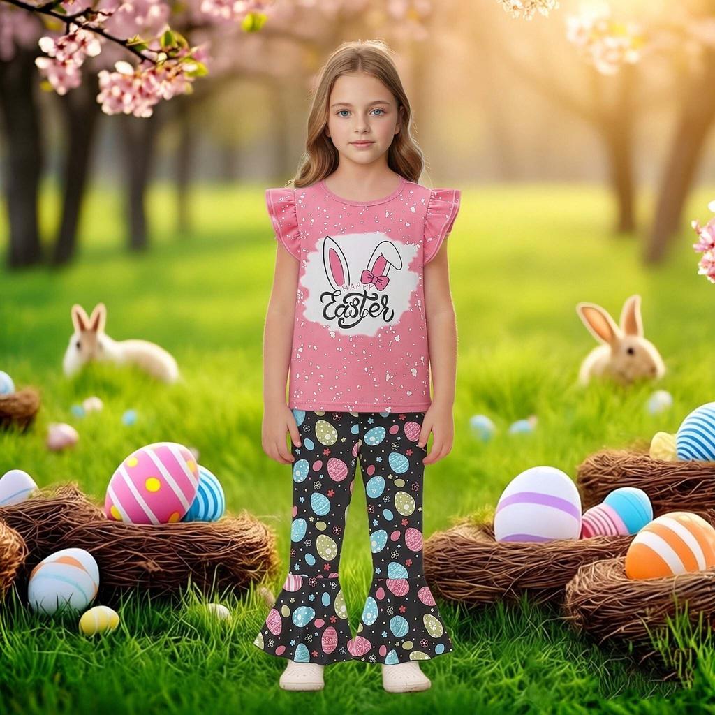 Toddler Girl Summer Outfit 1-6 Years Old Pink Rabbit Top with Black Easter Egg Print Bell Bottom Pants Cute Casual Set