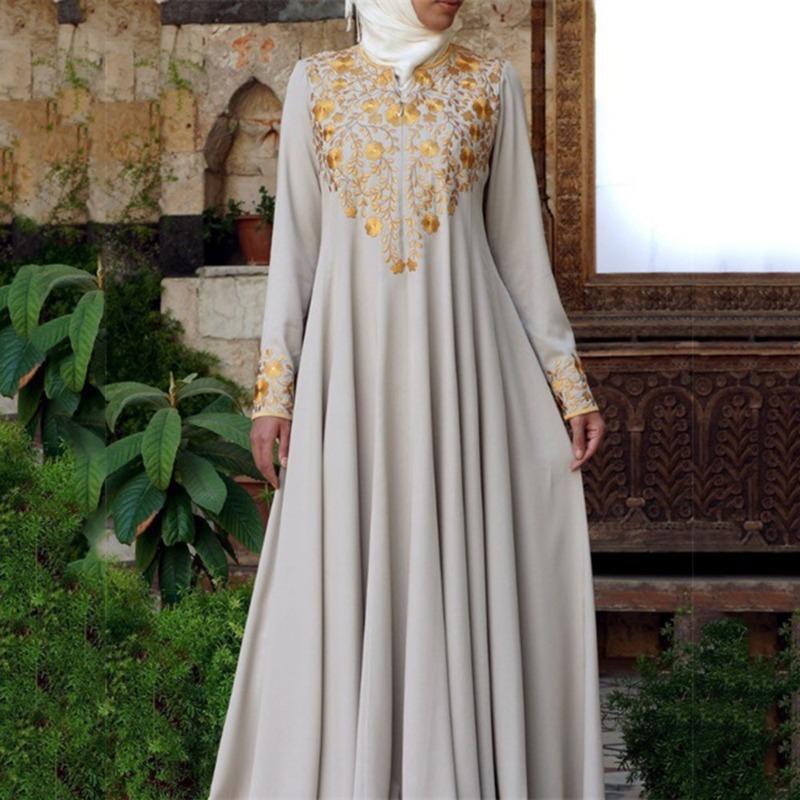 

2 Spring new long dress casual Middle East simple printing fashion dress S бежевый