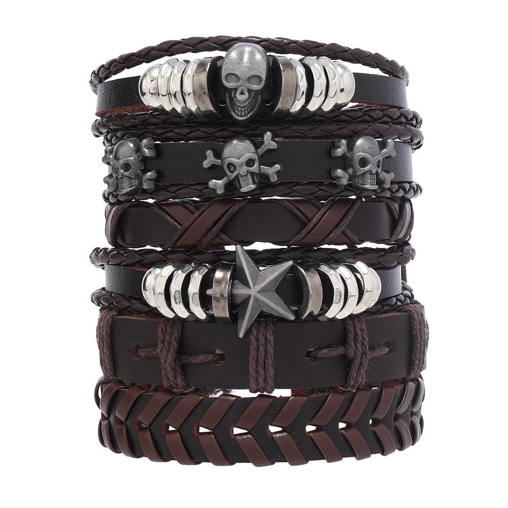 Men's Punk Skull Leather Bracelet Set Multi-Layer Gothic Rock Chain Bracelets Pentagram Charm Hip Hop Streetwear Badge Jewelry Accessories for Him