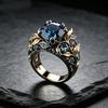 Gold Color Leaf Shaped Inlaid Blue Synthetic Zirconia Ring Suitable for Women's Banquets Engagements Jewelry Accessories Gifts