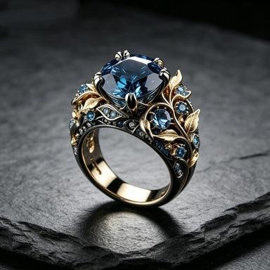 Gold Color Leaf Shaped Inlaid Blue Synthetic Zirconia Ring Suitable for Women's Banquets Engagements Jewelry Accessories Gifts