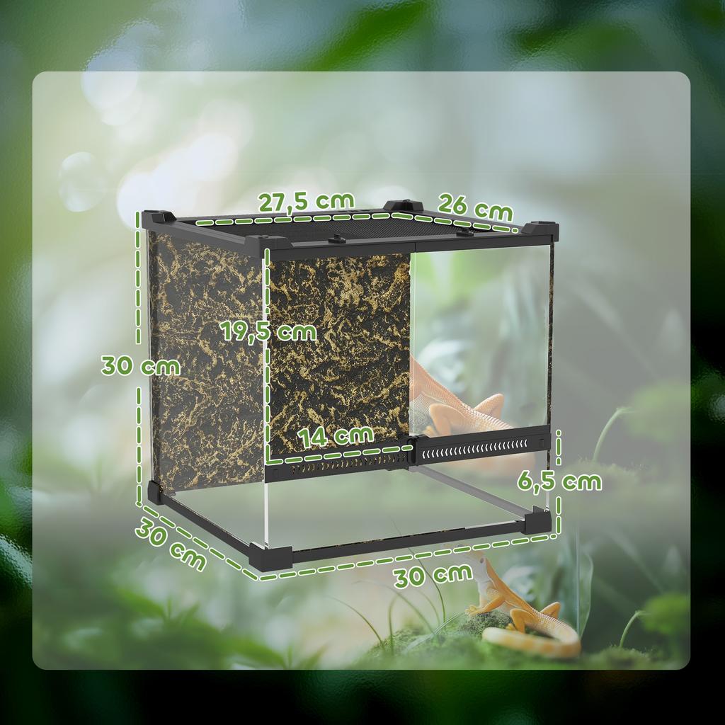 Glas-Terrarium für Reptilien mit Steinrückwand, Frontbelüftung, Ausbruchsicheres Drehknopfloch, 30 x 30 x 30 cm, Schwarz