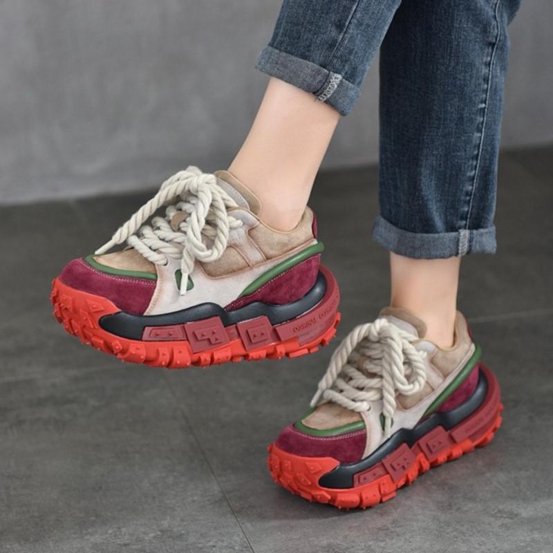 

Johnature Genuine Leather Mixed Colors Thick Soled Casual Sports Shoes Versatile Laca-up Women s Shoes