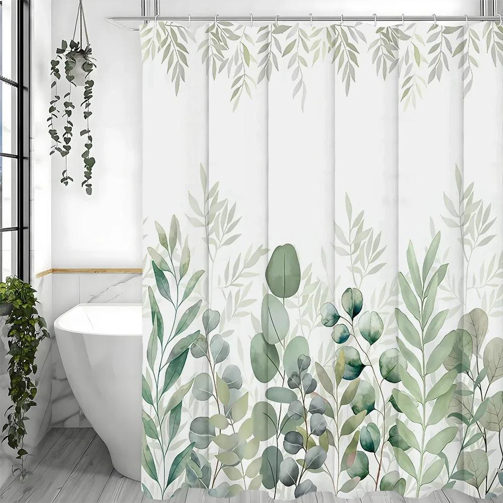 Rideau de douche Feuille d'eucalyptus, Rideau de douche décoratif pour salle de bain, Rideau de douche imperméable avec crochets