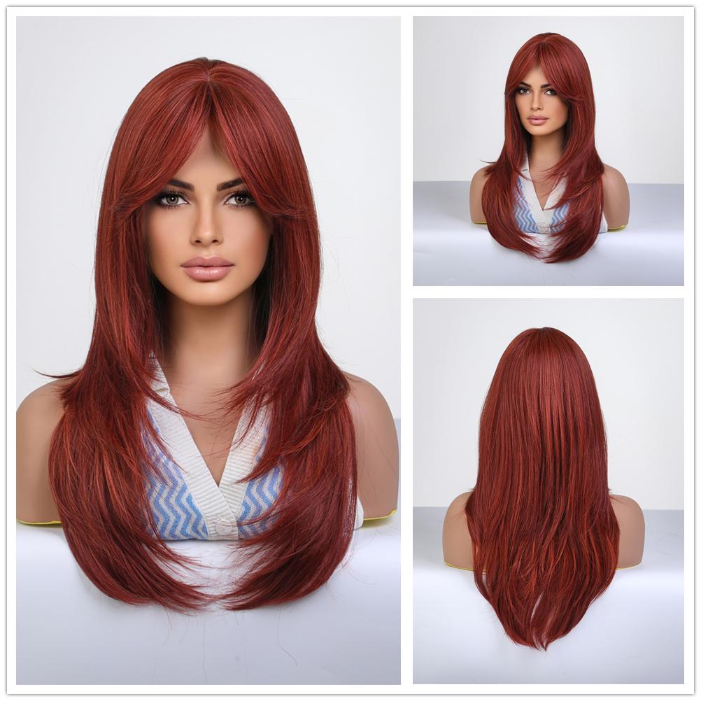 Lange geschichtete blonde Ombre-Perücke, schulterlang, mit Pony, hitzebeständige synthetische Perücke für den täglichen Gebrauch von Frauen