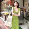 French green small flying sleeve floral dress women's summer 2026 new unique super good-looking waist and thin dress