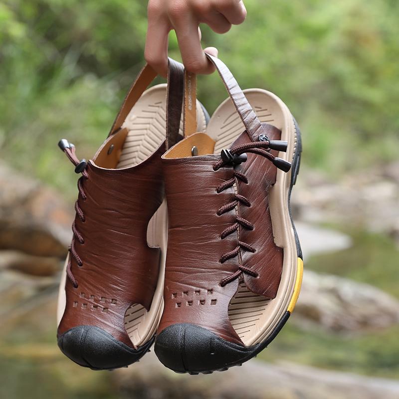 

TUINANLE Men s Hiking Sandals Waterproof Arch Support Water Shoes Anti-Slip Beach Summer Sandals Adjustable Leather Slippers 45 коричневый