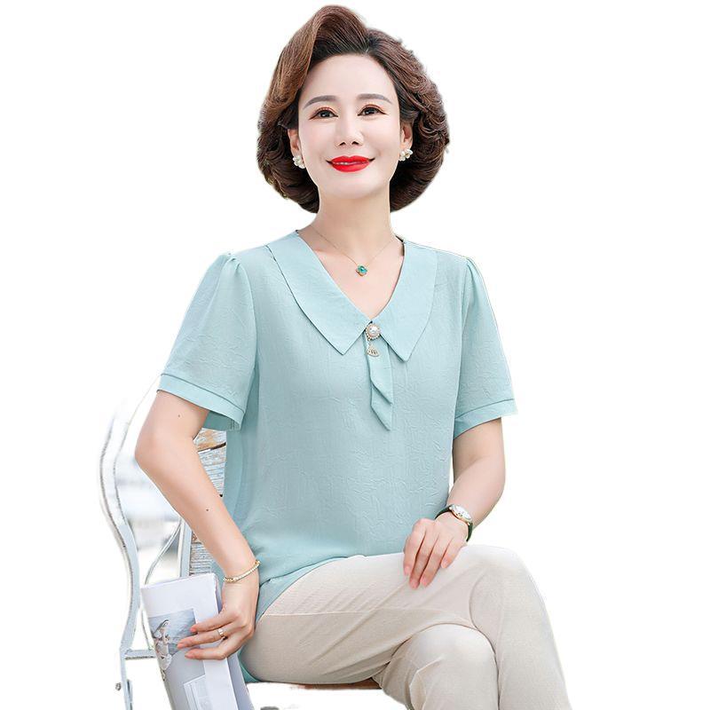 Mom's Stylish Summer Two-Piece Set: Chiffon Top & Short Sleeve T-Shirt for Middle-Aged Women
