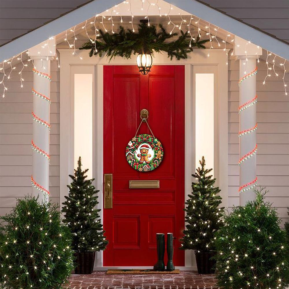 Wooden Christmas Sign with Gingerbread Man Pattern - Buffalo Plaid Navidad Ornament for Front Door Wall Hanging Decor - Ideal Christmas Ornament