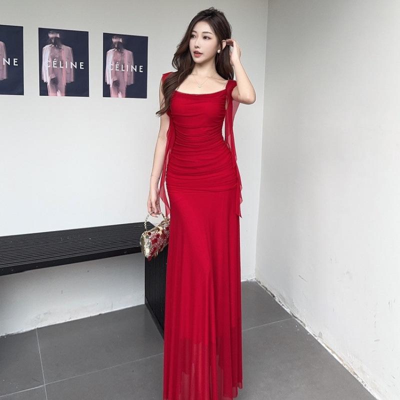Elegant French Fairy Mesh Camisole Maxi Dress - Travel, Resort, Pleated, Cinched Waist, Hip-Hugging Mermaid Style for Women.