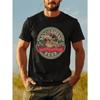 Mens Retro 80s Elk Beer Pattern Tshirt Canadian Lager Style Design with Camel and Maple Leaf Elements Black Short Sleeve Top