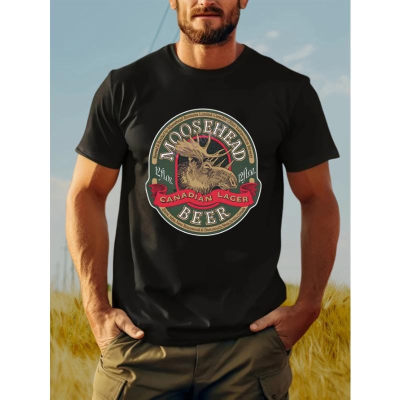 

Mens Retro 80s Elk Beer Pattern Tshirt Canadian Lager Style Design with Camel and Maple Leaf Elements Black Short Sleeve Top 4XL