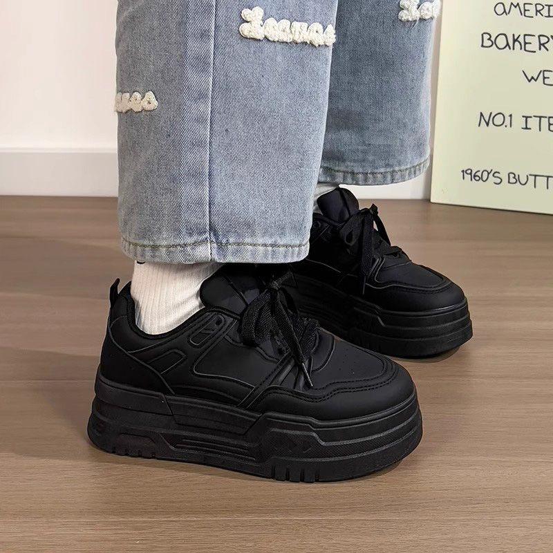 Versatile Small Black Shoes Women's Autumn New Small Height Increase Thick Baseplate Shoes Lightweight Soft Sole Casual Shoes