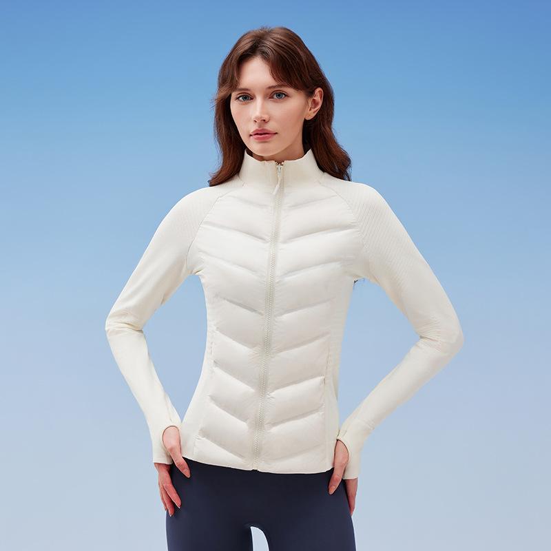 Three-proof sports down jacket women's outdoor running windproof and warm fitness top light and slim stand-up collar ribs jacket