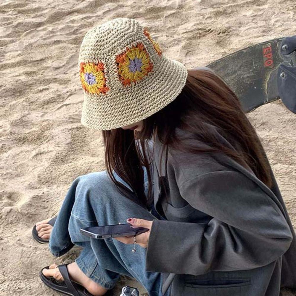 

For Women UV Protection Solid Color Travel Bucket Hat Fisherman Hat Straw Hat Daisy Flowers Sun Hat бежевый