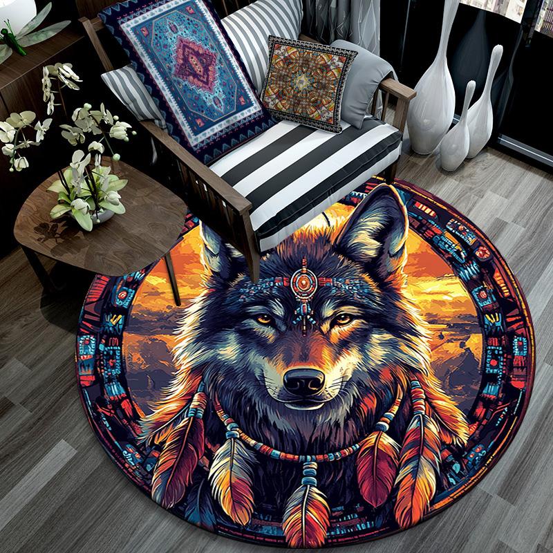 Wolfsgeist Runder Teppich, Teppich für Wohnzimmer Schlafzimmer Sofa Spielzimmer Dekor, Rutschfeste Bodenmatte
