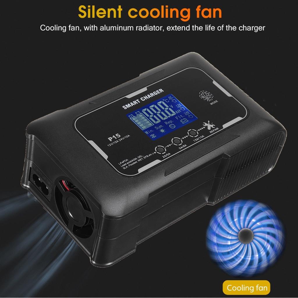 Black Car Battery Charger Pulse Repair Automatic Charging 12V 15A / 24V 10A For Car Motorcycle Lead Acid Battery AGM Gel Wet EFB