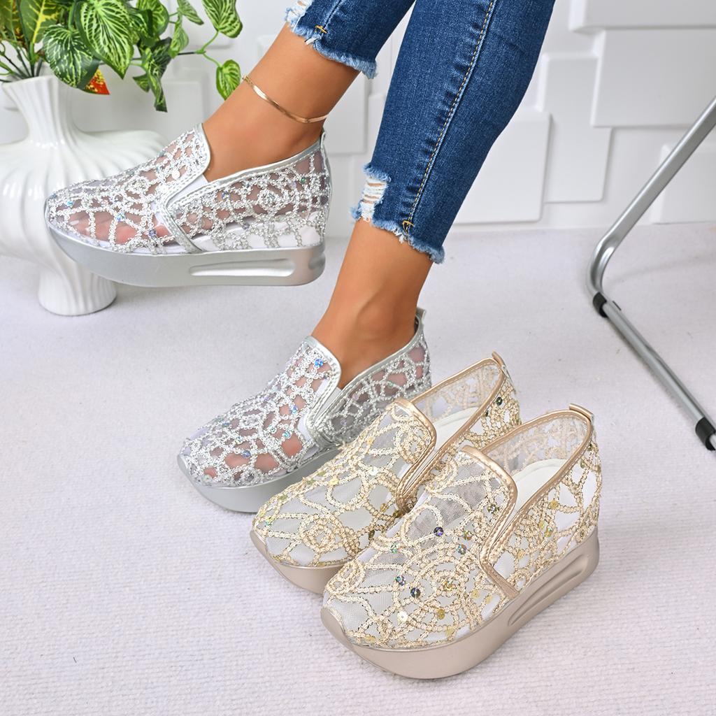 Fashion Platform Wedges Women Sandals  Floral Embroidery Mesh Sneakers Women Slip On Casual Comfy Heeled Shoes Woman Zapatos De Mujer