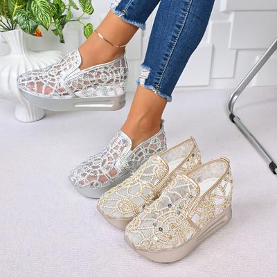Fashion Platform Wedges Women Sandals Floral Embroidery Mesh Sneakers Women Slip On Casual Comfy Heeled Shoes Woman Zapatos De Mujer