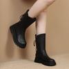 Round Toe Leather Platform Ladies Mid Calf Shoes Autumn Winter Fleece-Lined with Laces Women's Half High Boots Trend 2025 Boot