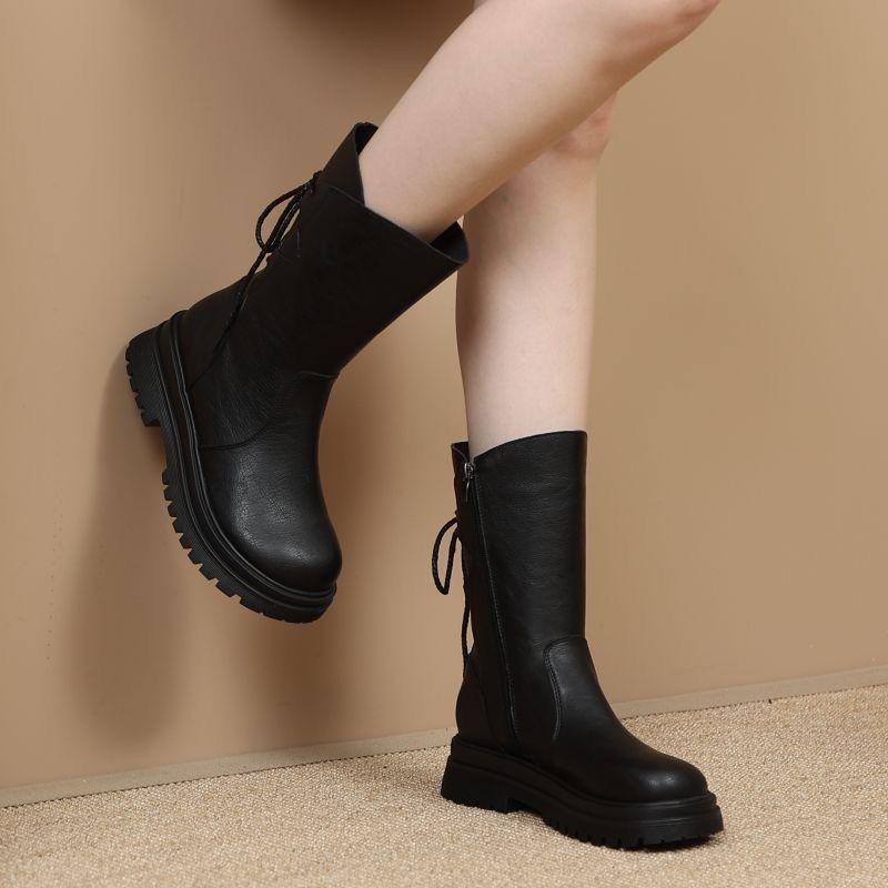 Round Toe Leather Platform Ladies Mid Calf Shoes Autumn Winter Fleece-Lined with Laces Women's Half High Boots Trend 2025 Boot
