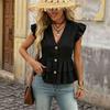 Women's Color V-Neck Casual Blouse with Ruffle Hem and Button Front for Vacation