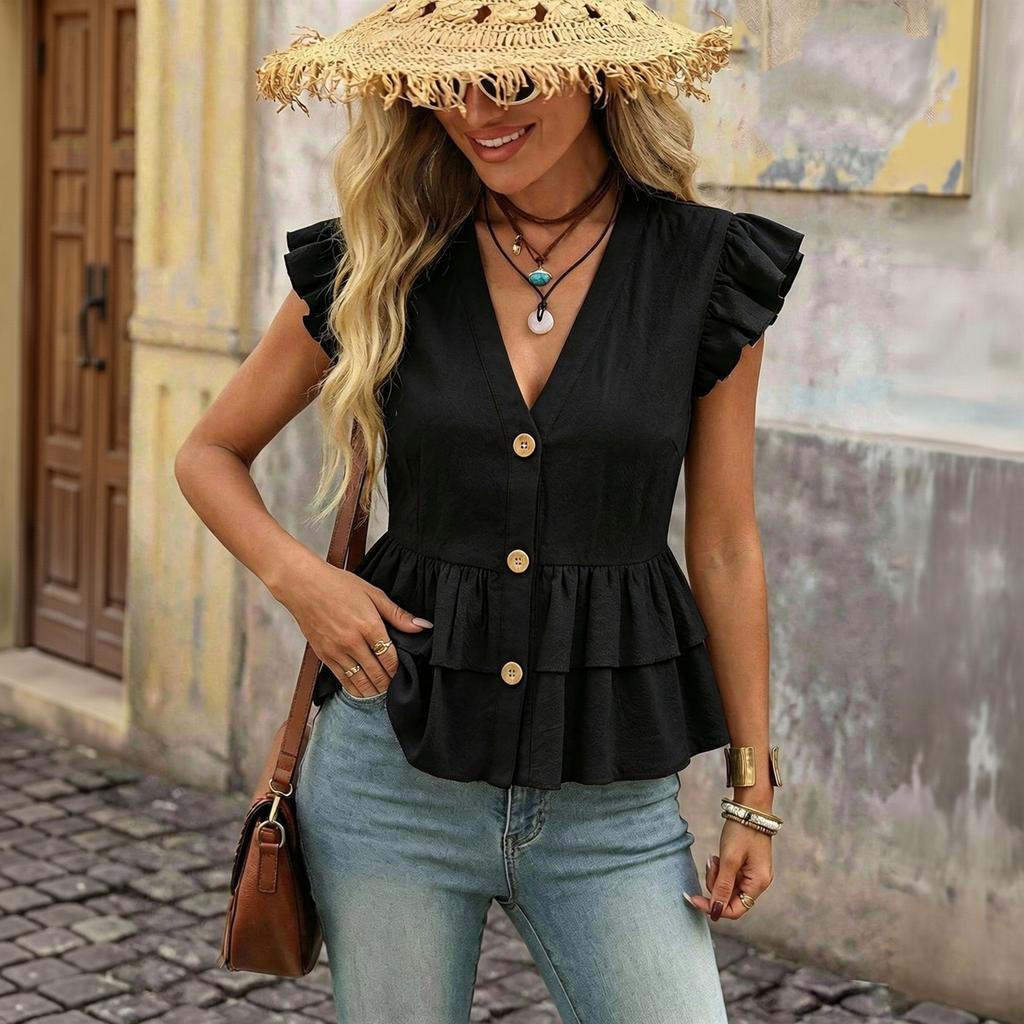 Women's Color V-Neck Casual Blouse with Ruffle Hem and Button Front for Vacation