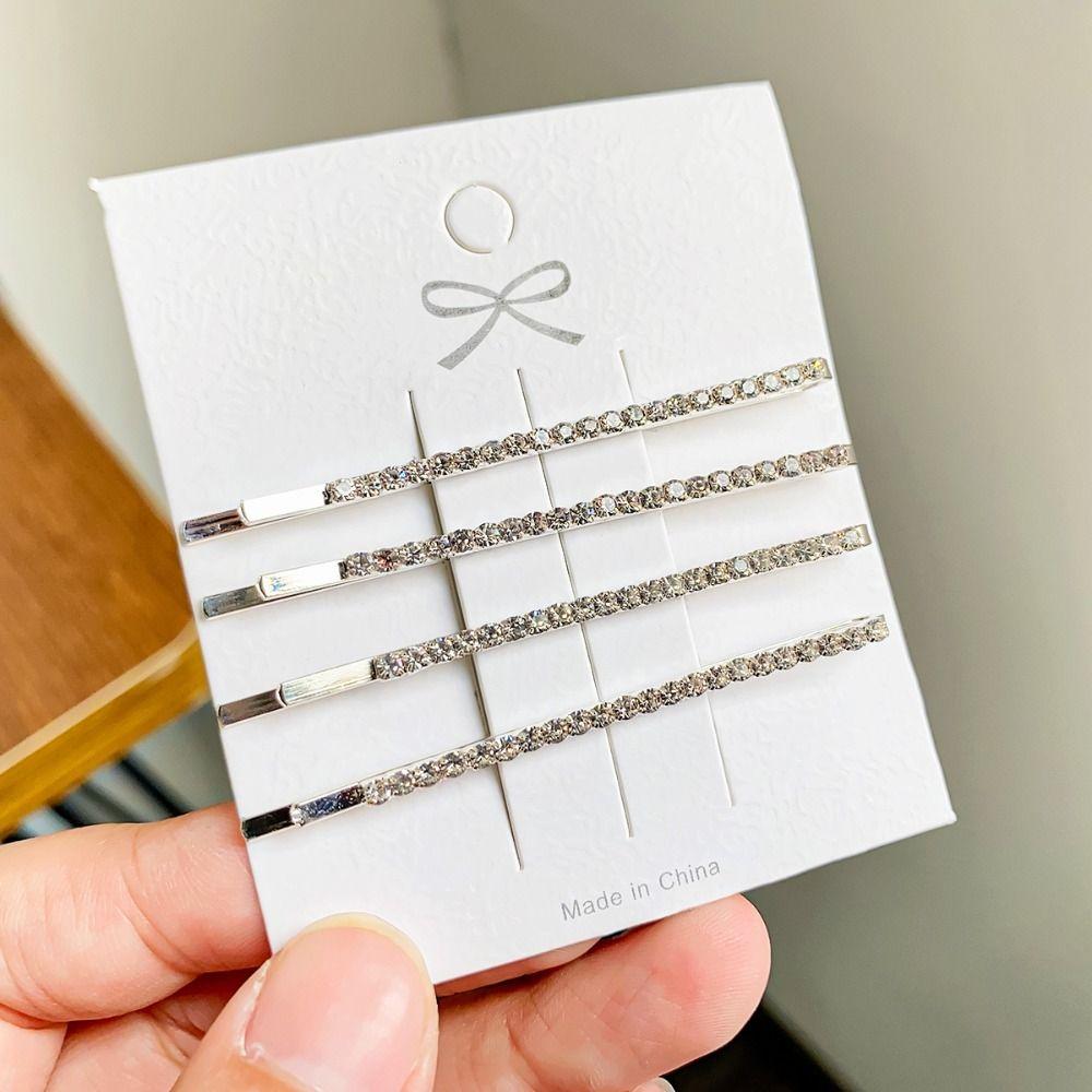 

4pcs Silver Korean Hairpins Gold Crystal Barrettes Simple Rhinestone Hair Clip Set Daily срібний