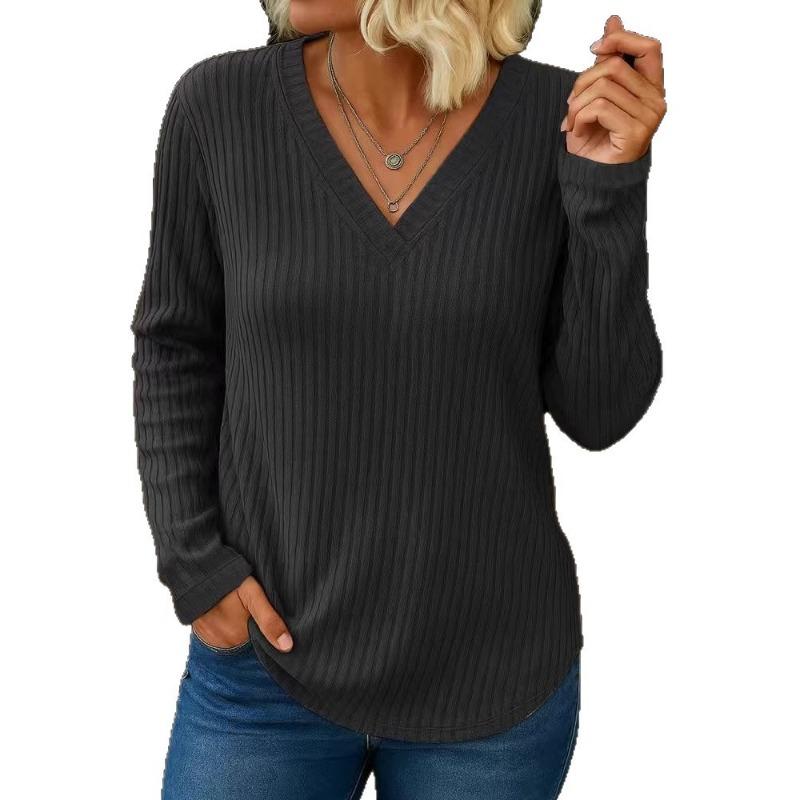 2025 New Autumn and Winter Women's Casual V-neck Long-sleeved Pullover Loose Women's T-shirt