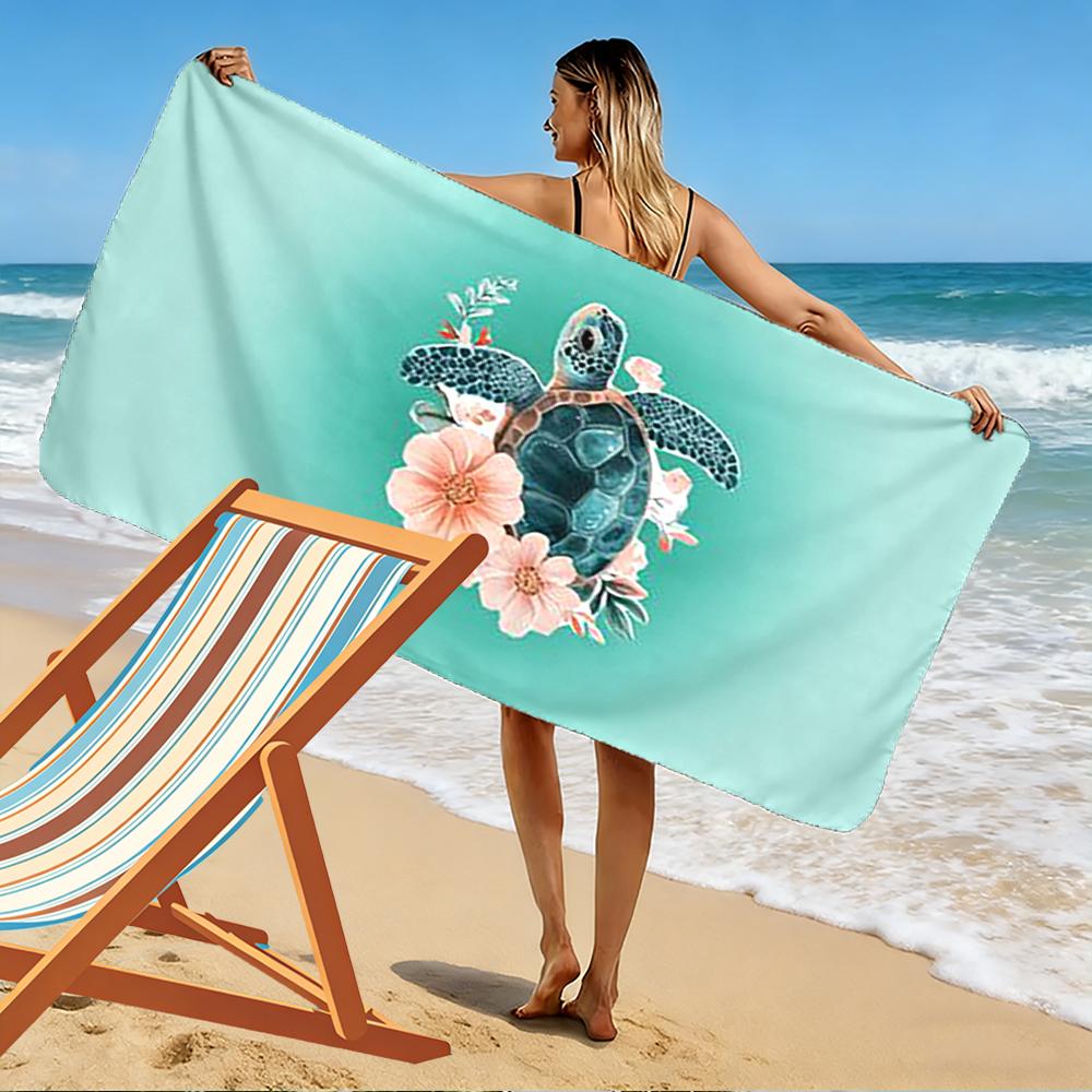 Floral Turtle Design on Teal Background Beach towel quick-drying for travel outdoor sports jogging beach and swimming