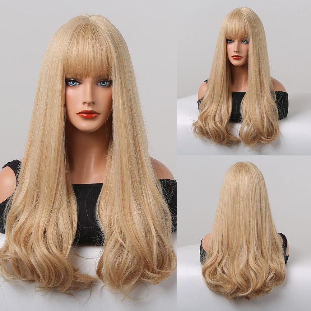 Synthetic Wigs Long Natural Wavy Wig Ombre Brown Golden Highlight Blonde Layered Hair with Side Bangs for Women Heat Resistant