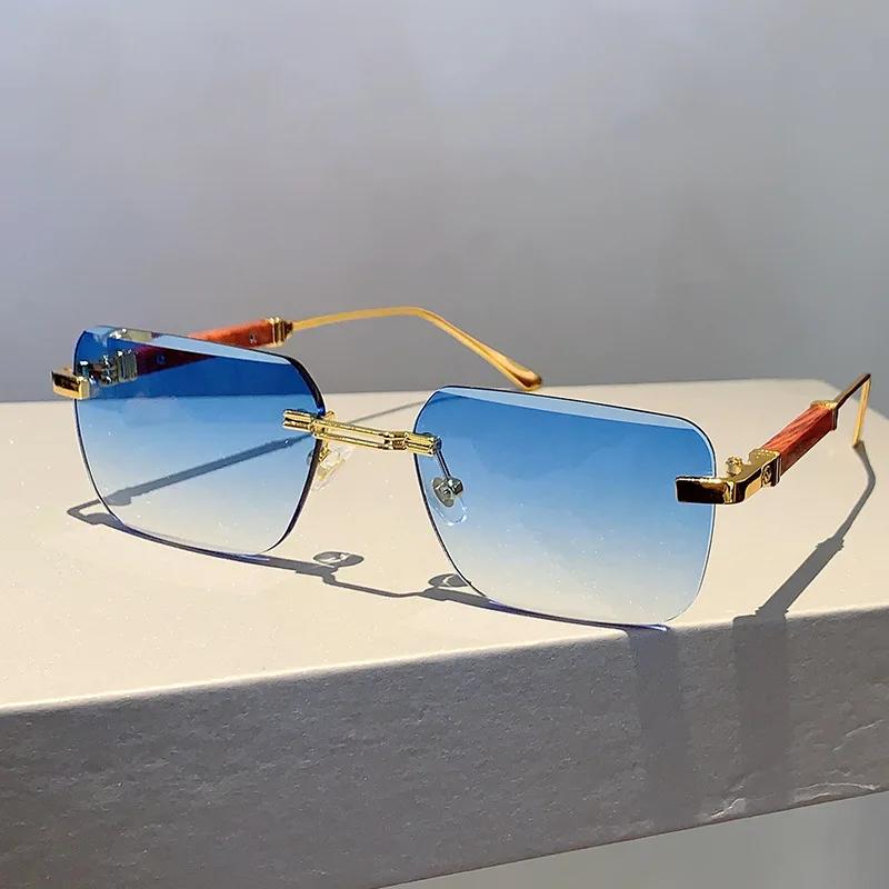 Popular Vintage Rimless Square Sunglasses Women For Men Sun Glasses Punk Pink Shade Luxurious Brand Designer Metal Material Eyeglasses UV400