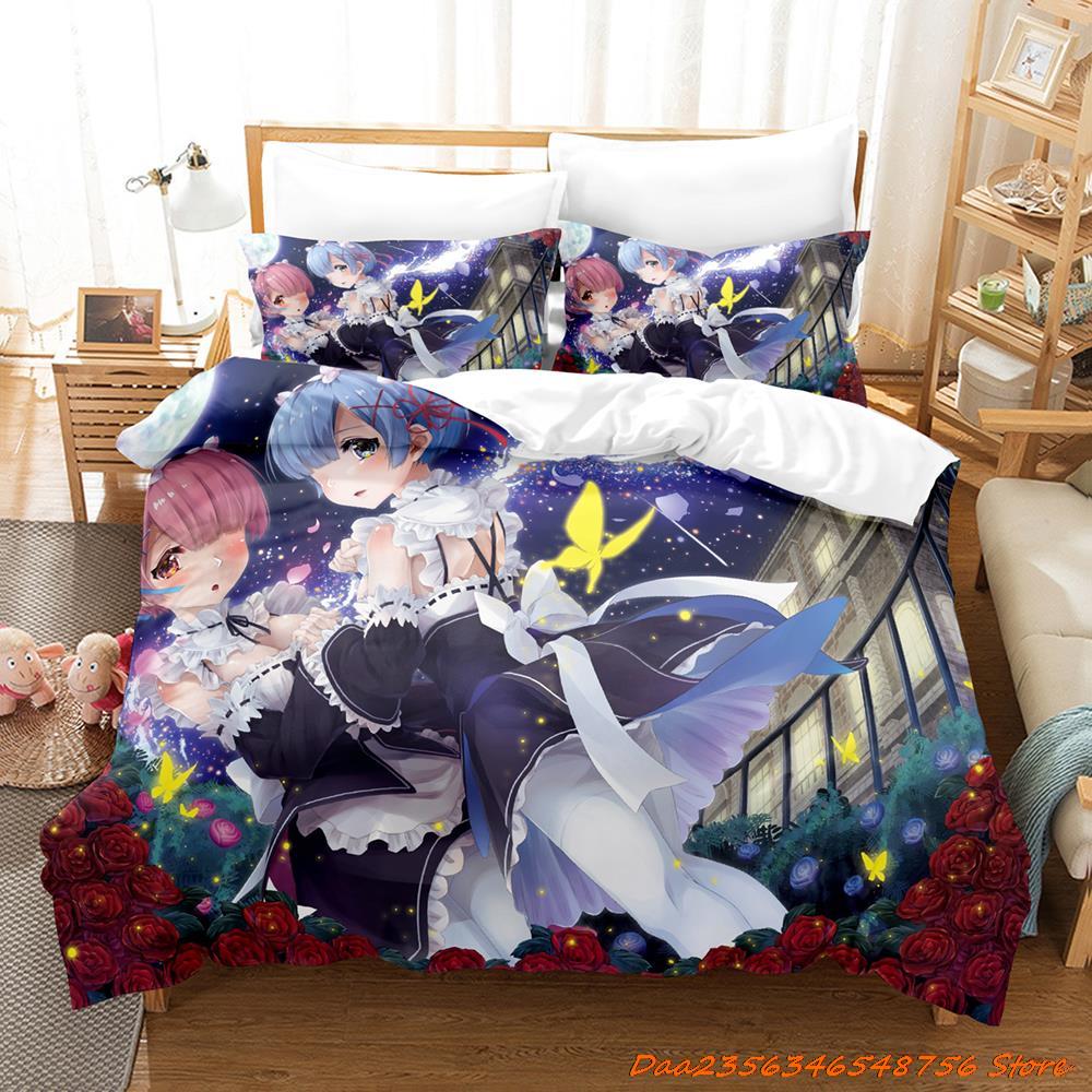 Comforter Re Zero Rem Ram Bedding Set Cartoon Anime Three-Piece Set Adult Kid Bedroom Duvet Sets 3D Kawaii Girl Twin Set