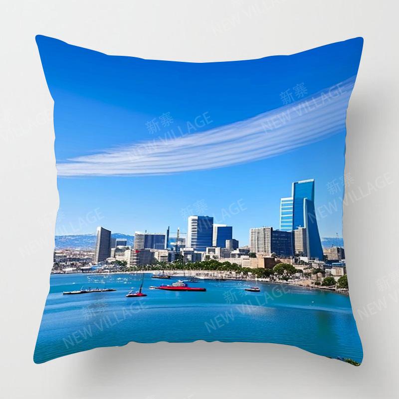 Four Seasons Universal Short Plush Pillow Case Living Room Bedroom Landscape Illustration Architectural Pattern Cushion Cover