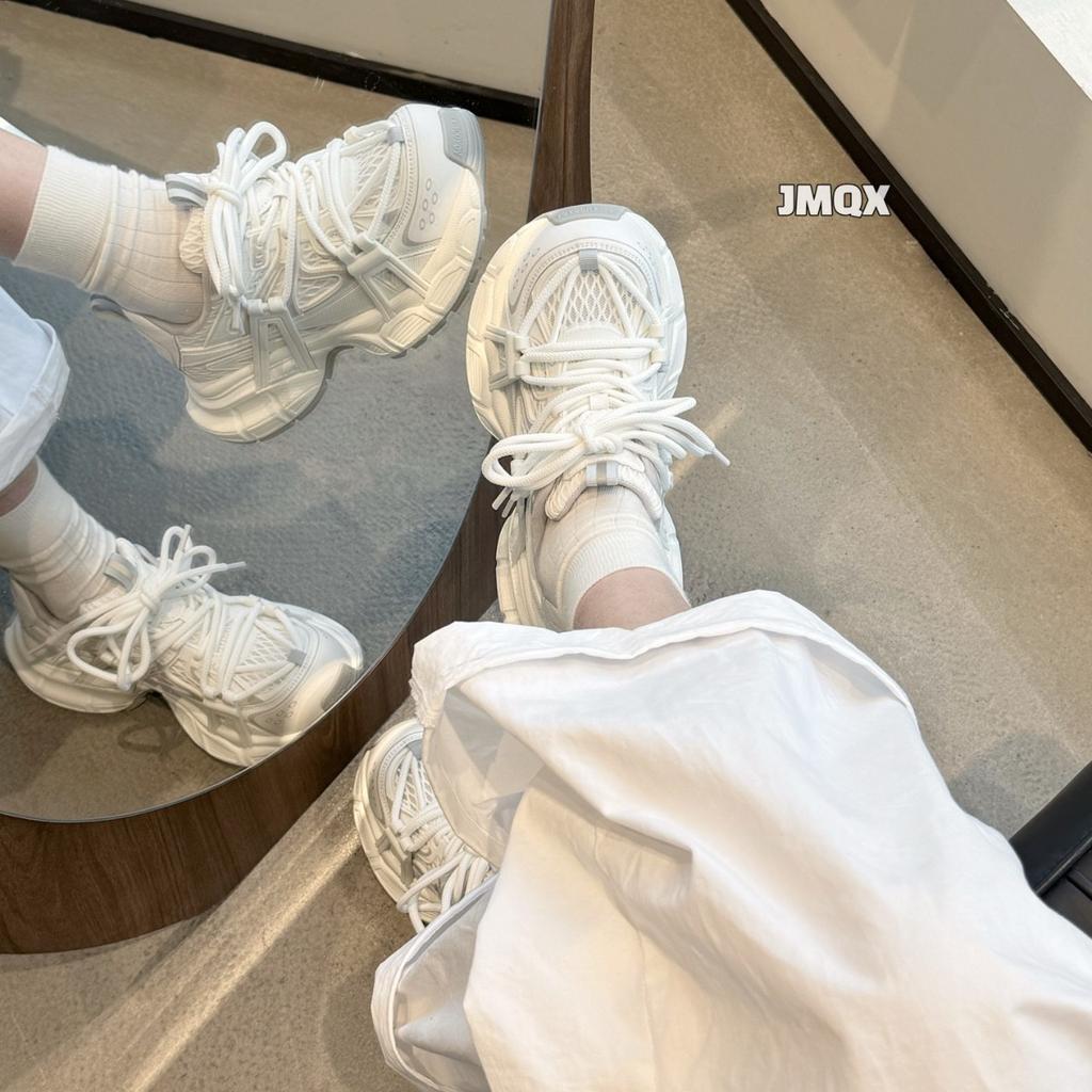 Leather Platform Dad Shoes Women's Spring New Mesh Breathable Heightening Soft Sole Lightweight Sports and Leisure Shoes