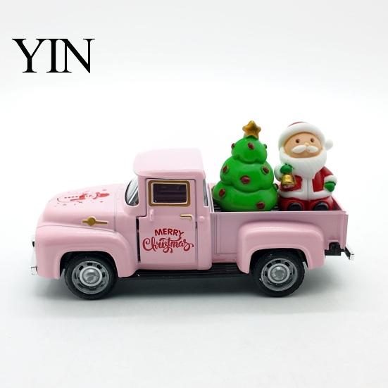 Holiday Truck Statue Christmas Pickup Figurine, Vintage Car with Santa Claus, Ornament Tree, Snowman, Miniature Alloy Vehicle for Party Style Decor
