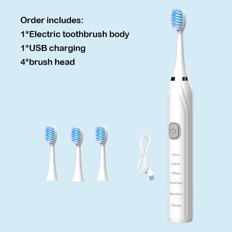 

Звукова електрична зубна щітка USB, акумуляторна IPX7, водонепроникна автоматична відбілювач зубної щітки зі змінною насадкою для зубної щітки