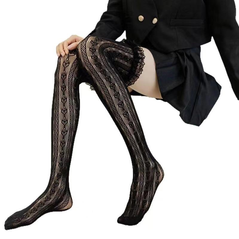 Women Sexy Lace Heart Fishnet Long Tube Mesh Over Knee Body Stockings Maid Cosplay Lolita Thigh High Fish Net Hosiery Long Socks