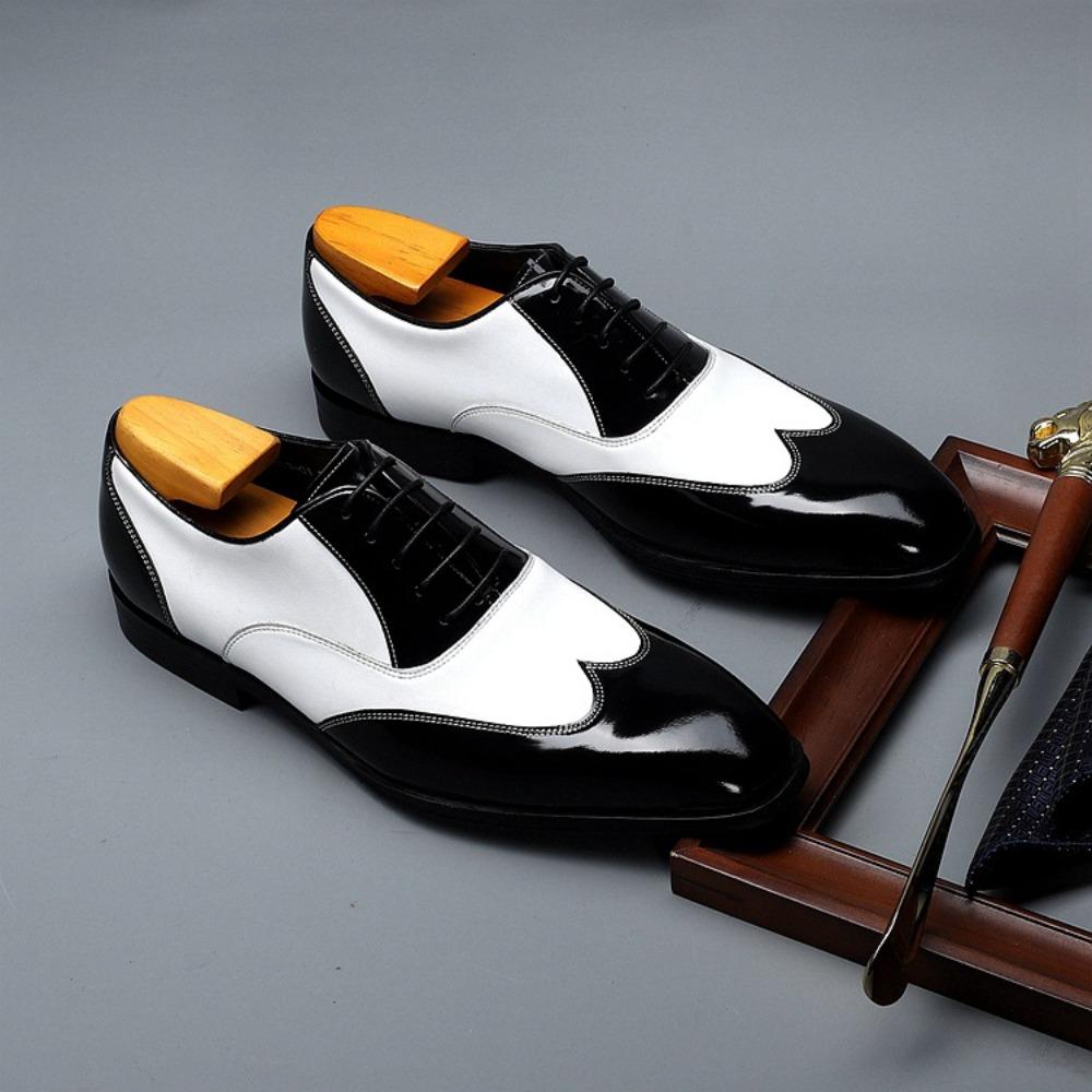 New men's pointed leather shoes cowhide business dress black and white retro Oxford men's shoes