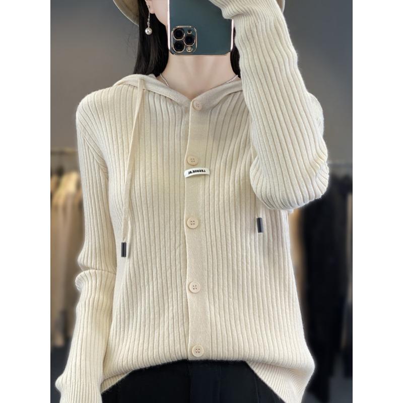 

Pit strip knitted hoodie autumn and winter new loose and thin hooded sweater women s versatile soft waxy coat top S
