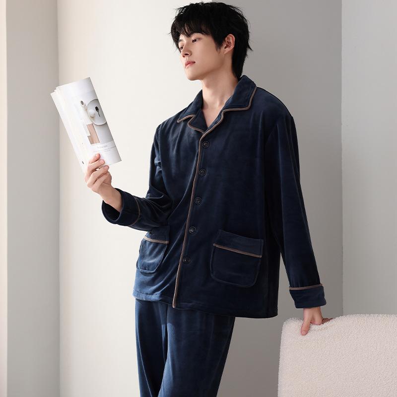 Pajamas Men'S Winter Coral Fleece Thickened Fleece Men'S Autumn And Winter Island Fleece Large Size Spring And Autumn Loungewear Set