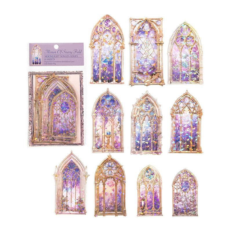 10PCS Holographic Scrapbook Sticker 3D PET Bright Color Window Design Easy Apply Aesthetic Sticker for Journal Notebook